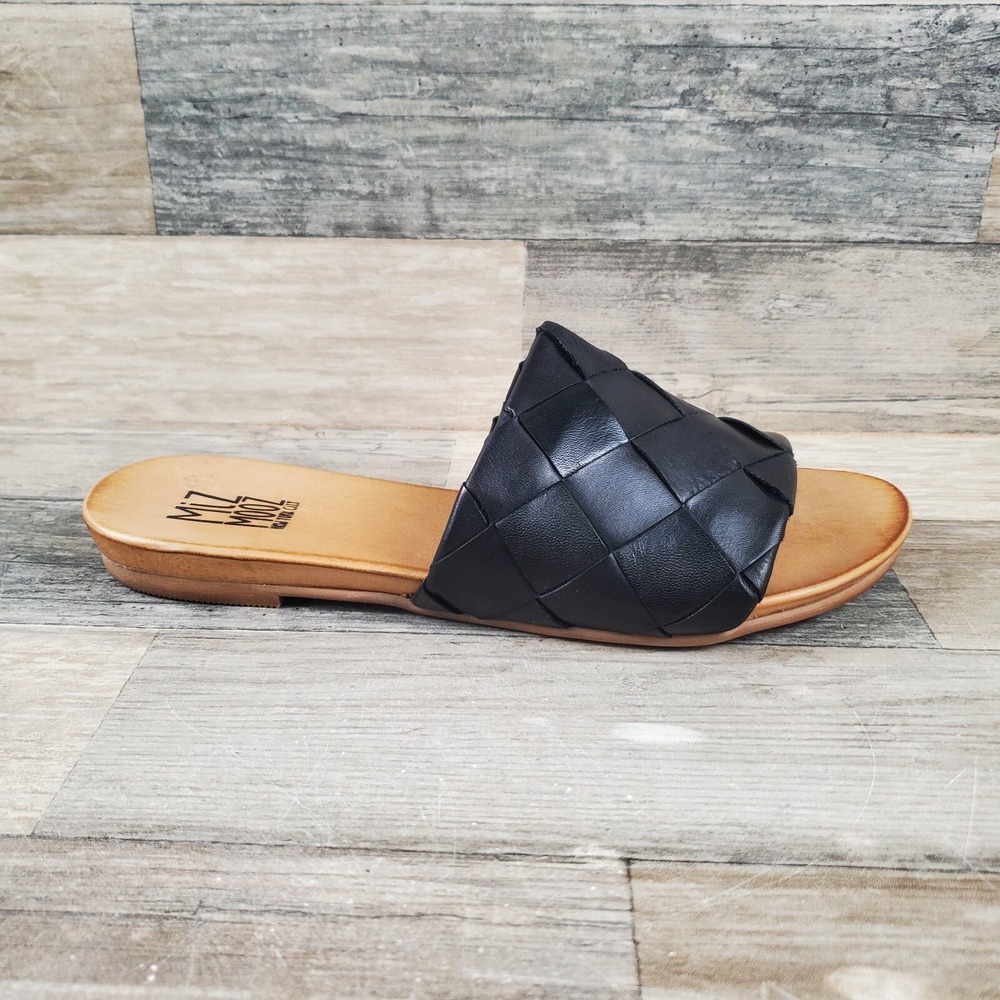 Miz Mooz Augustine Womens Flats Sz 9.5 Casual Black Woven Leather Slip On Sandal